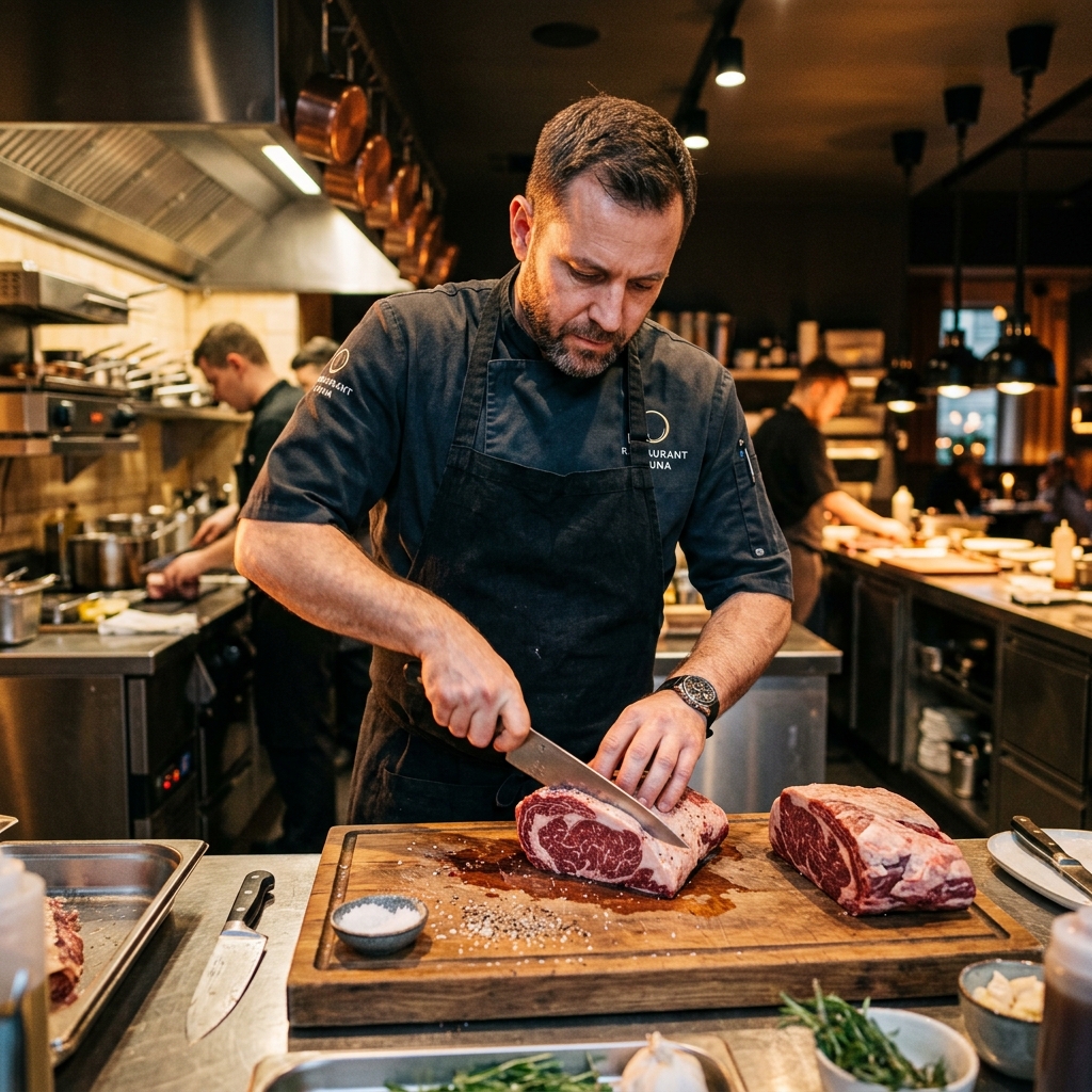 Butcher preparing meat in a clean kitchen room