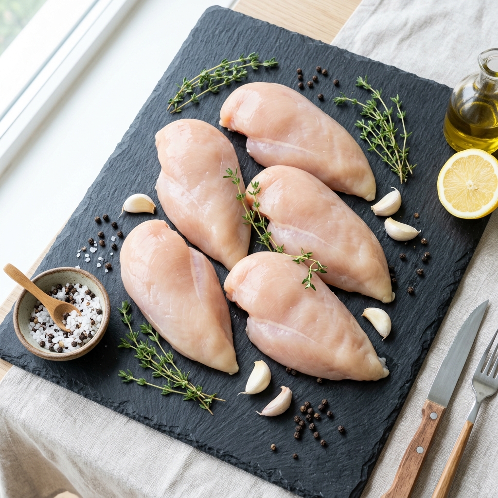 Fresh Raw Chicken Breasts on Slate Board